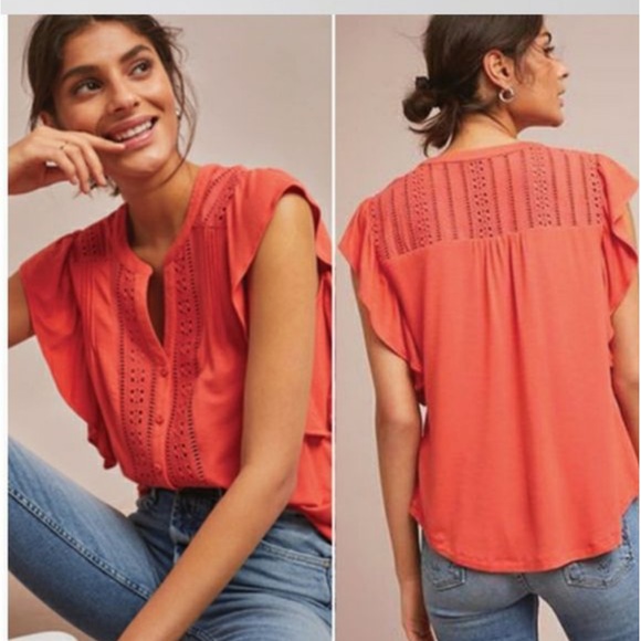 Anthropologie Maeve Kailana Flutter-Sleeve Top Coral Size Small - Picture 2 of 7